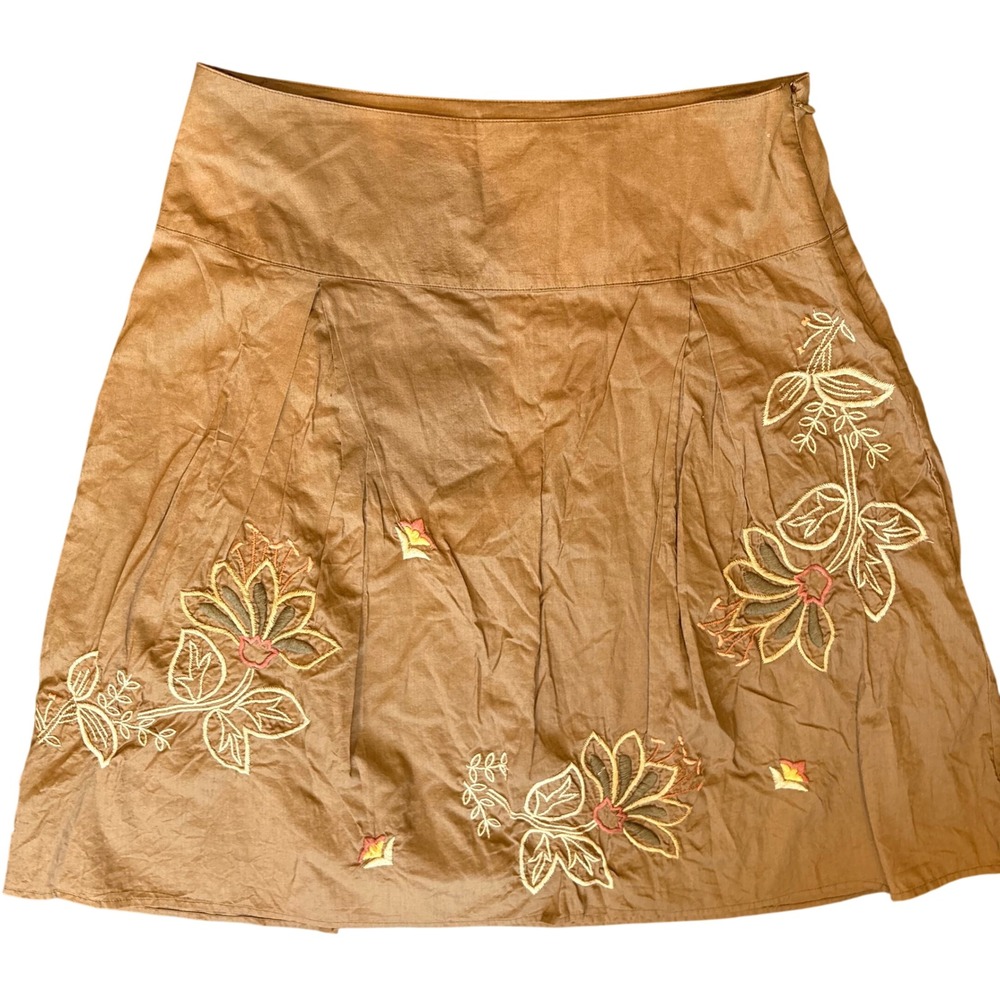 Brown Cotton Pleated Midi Skirt Floral Embroidered Fairycore Boho Autumn Fall 10